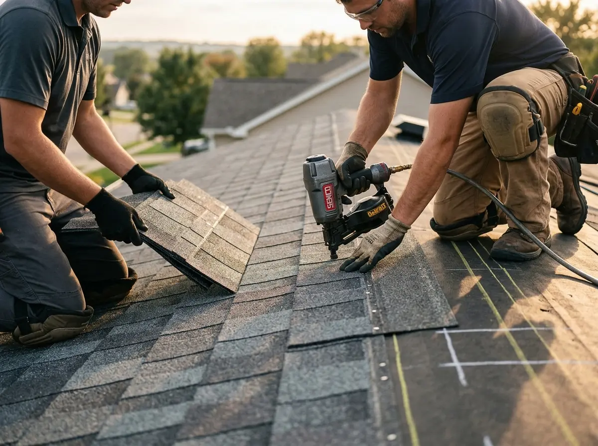 Professional roofer working on a residential roof in Mercer Island